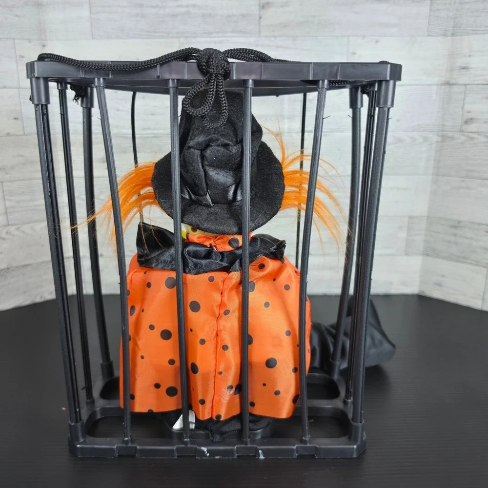 Halloween Animated Skeleton Clown in Cage Hanging Prop Orange Black Skull Decor